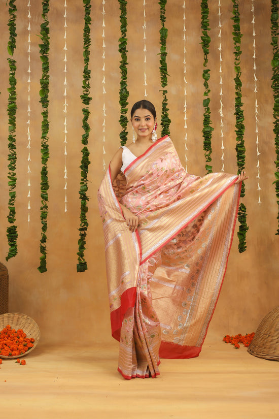Pink Banarasi Rapier Silk Saree with Floral Zari Work
