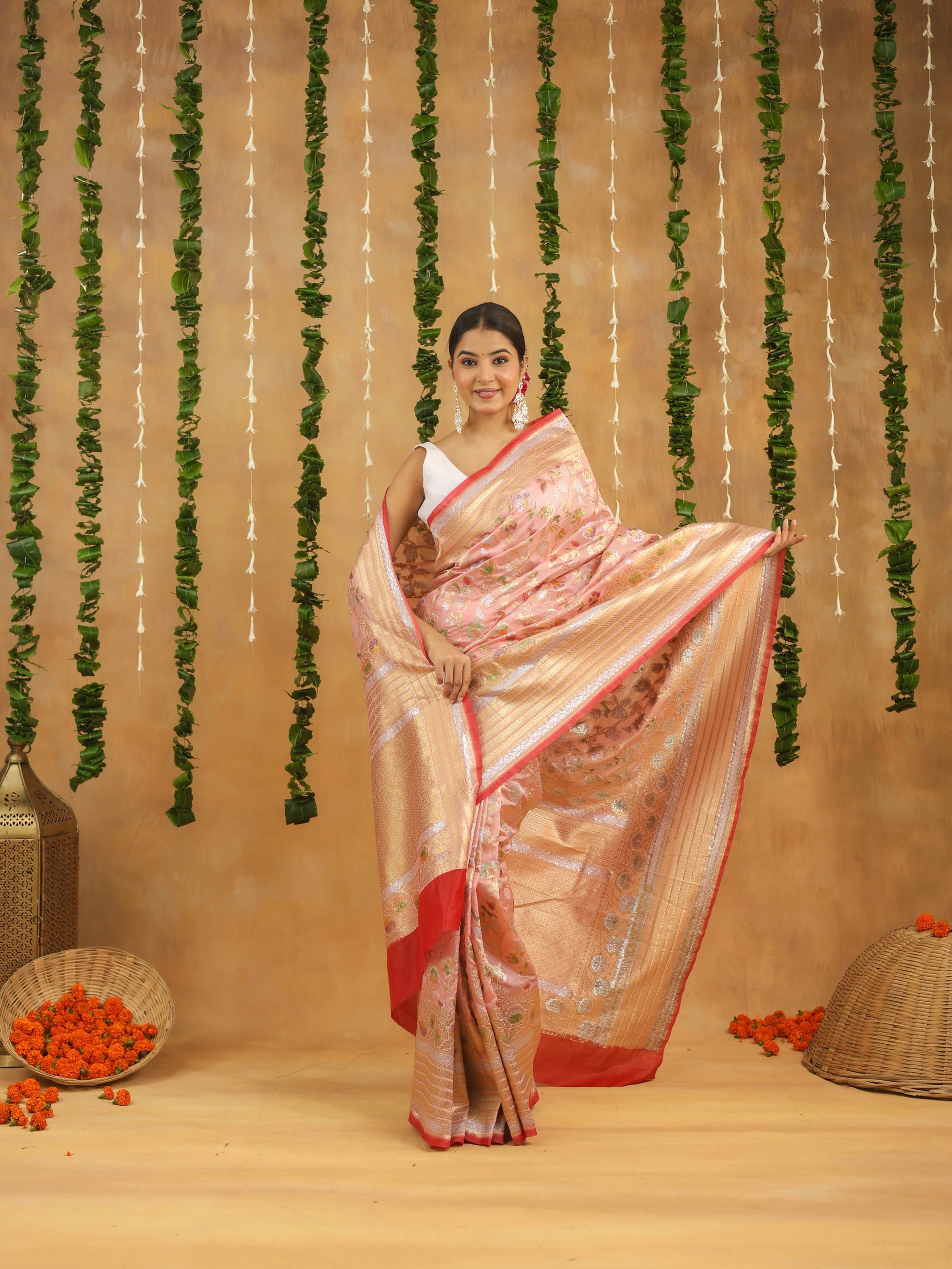 Pink Banarasi Rapier Silk Saree with Floral Zari Work