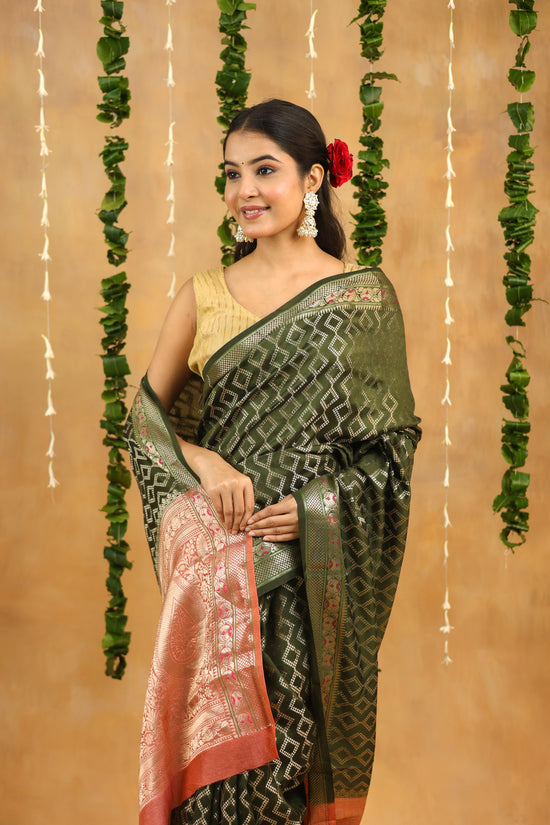 Green-Gold Geometric Pure Tussar Silk Saree with Zari Border