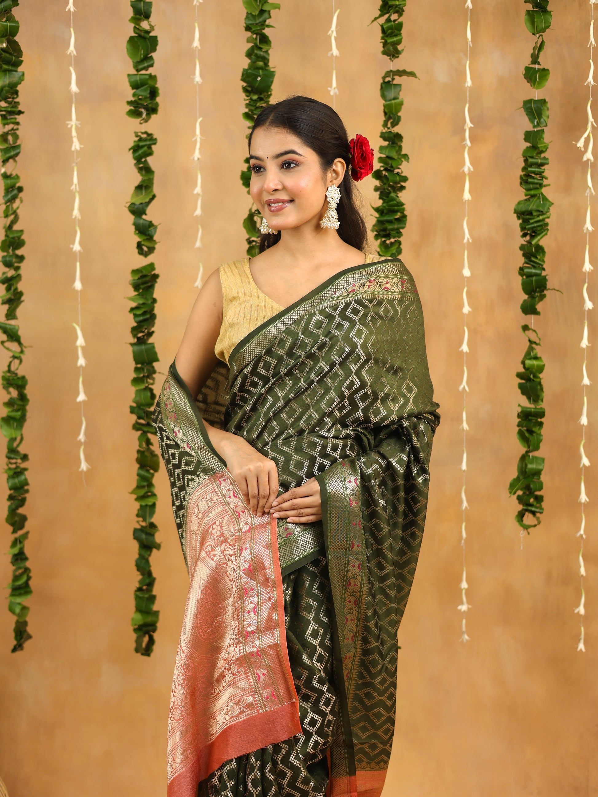 Green-Gold Geometric Pure Tussar Silk Saree with Zari Border