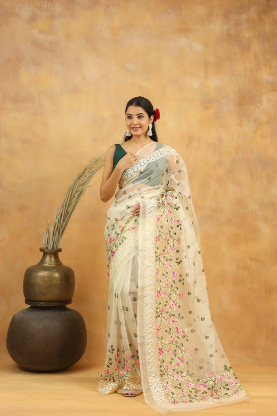 White Blossom Embroidered Organza Saree