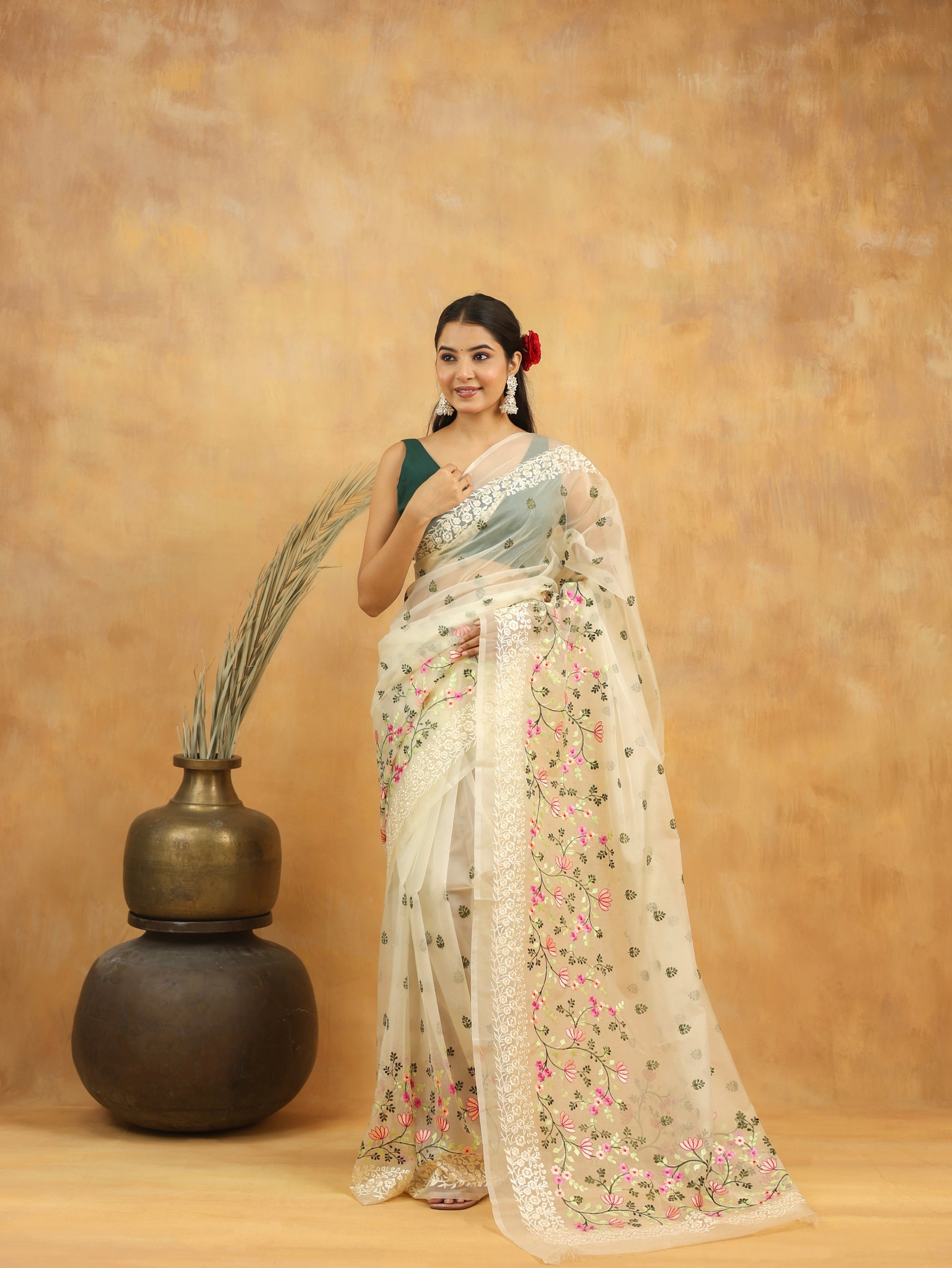 White Blossom Embroidered Organza Saree
