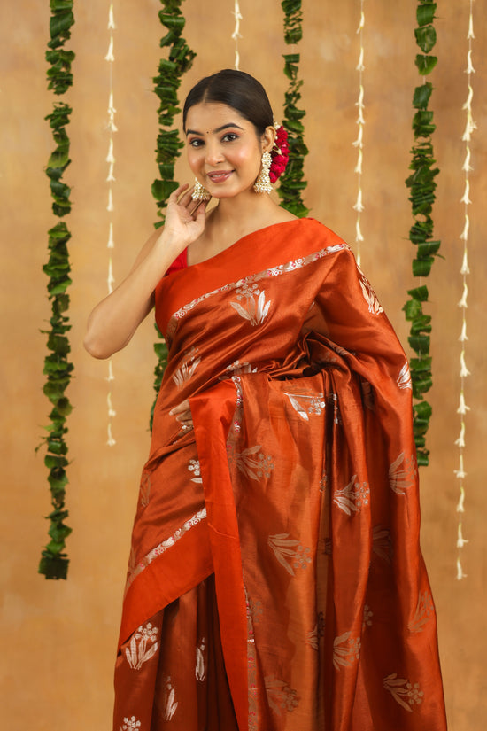 Rust Brown Pure Viscose Silk saree with Silver Zari motifs