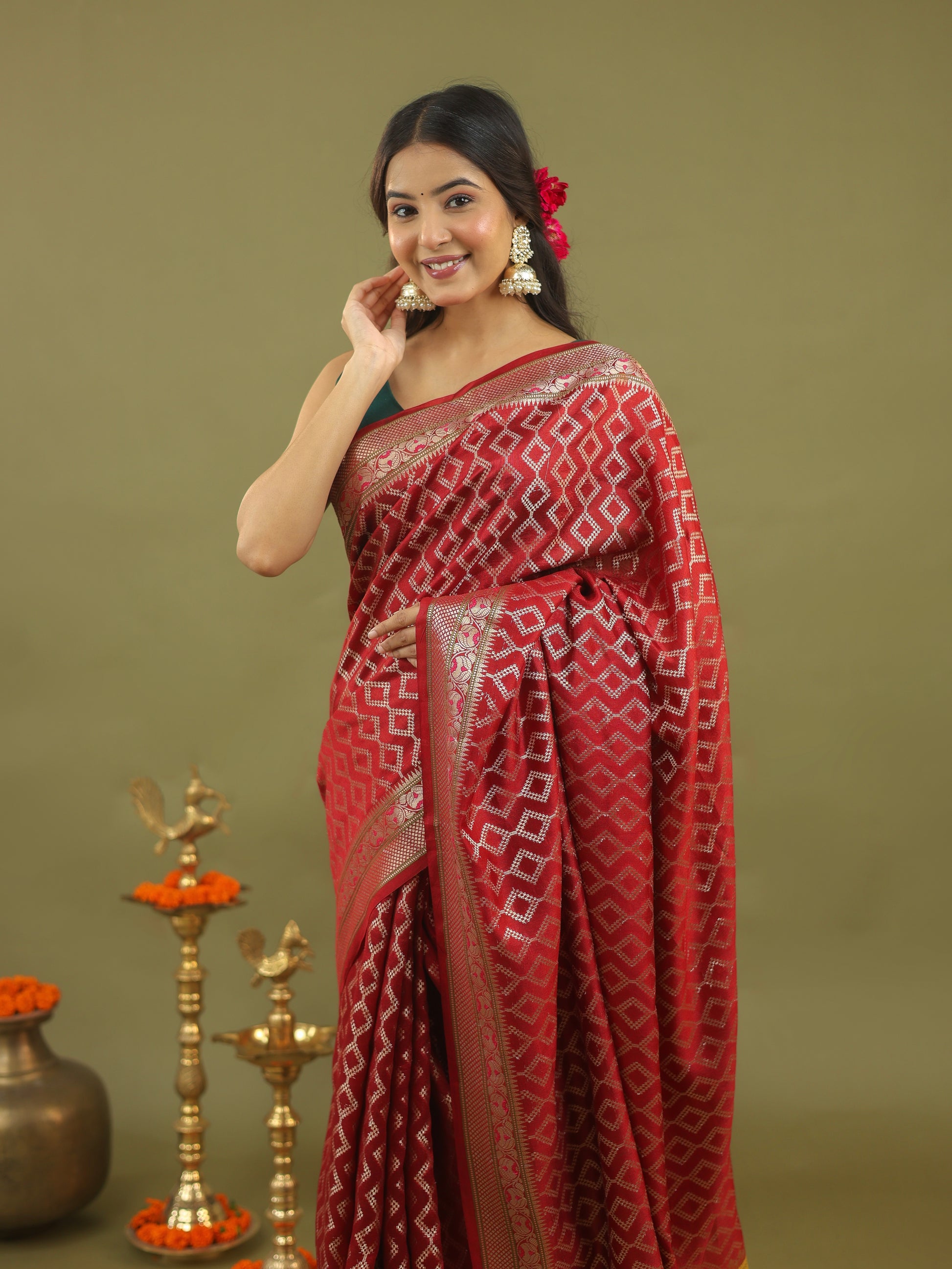 Red-Gold Geometric Pure Tussar Silk Saree with Zari Border