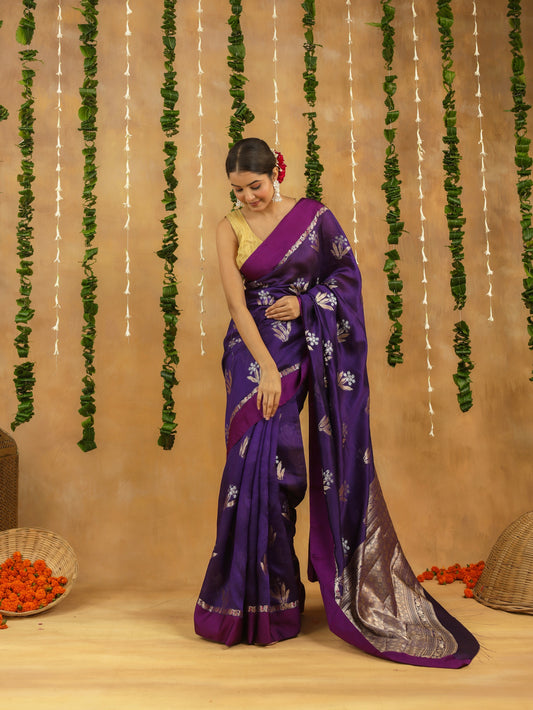 Royal Purple Pure Viscose Silk Saree with Silver Zari Motifs