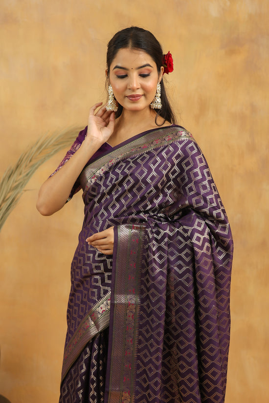 Purple-Green Geometric Pure Tussar Silk Saree with Zari Border