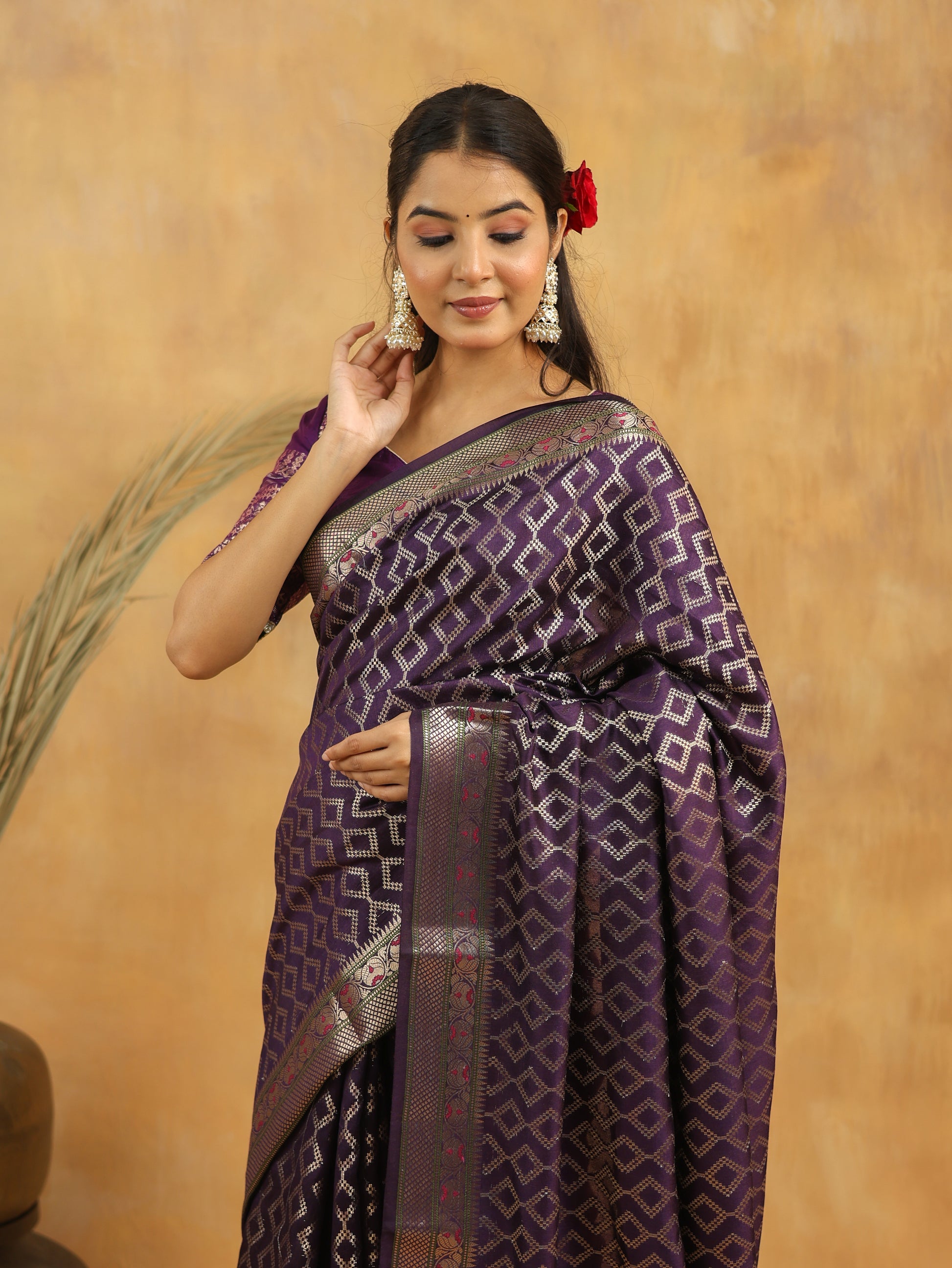 Purple-Green Geometric Pure Tussar Silk Saree with Zari Border