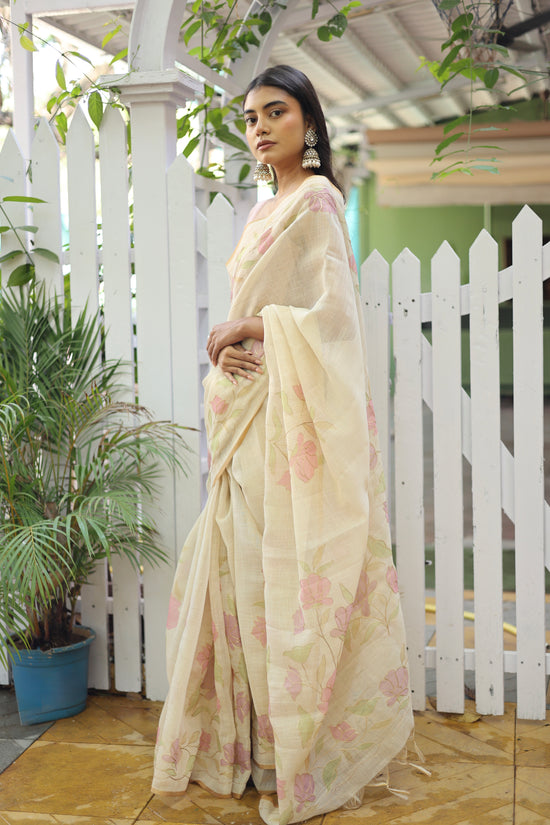 Tissue Linen Saree with Hand-Painted Florals & Delicate Aari Work- white/pink