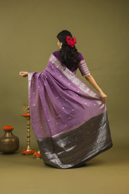 Lavender Pure Tussar Silk Saree with Silver & Black Zari Border
