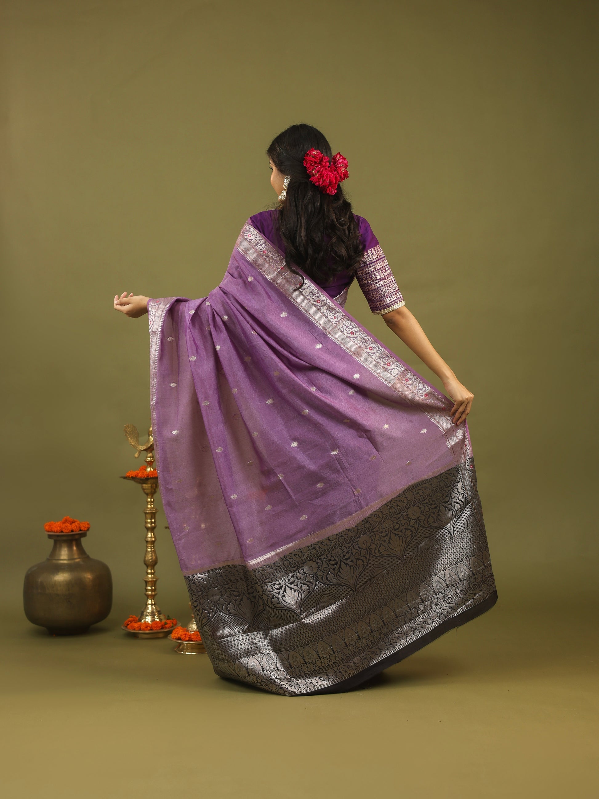 Lavender Pure Tussar Silk Saree with Silver & Black Zari Border