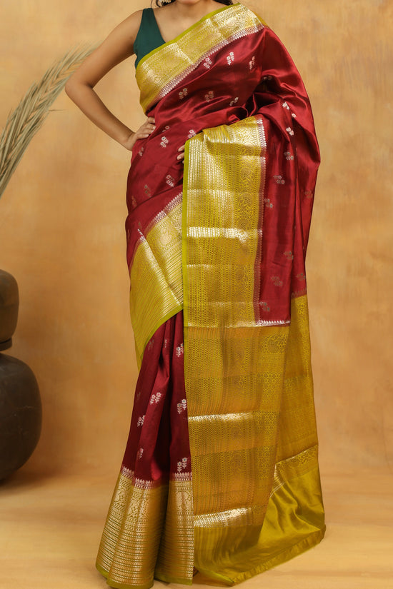 Handwoven Maroon Banarasi Raw Silk Saree with Antique Gold Zari Border