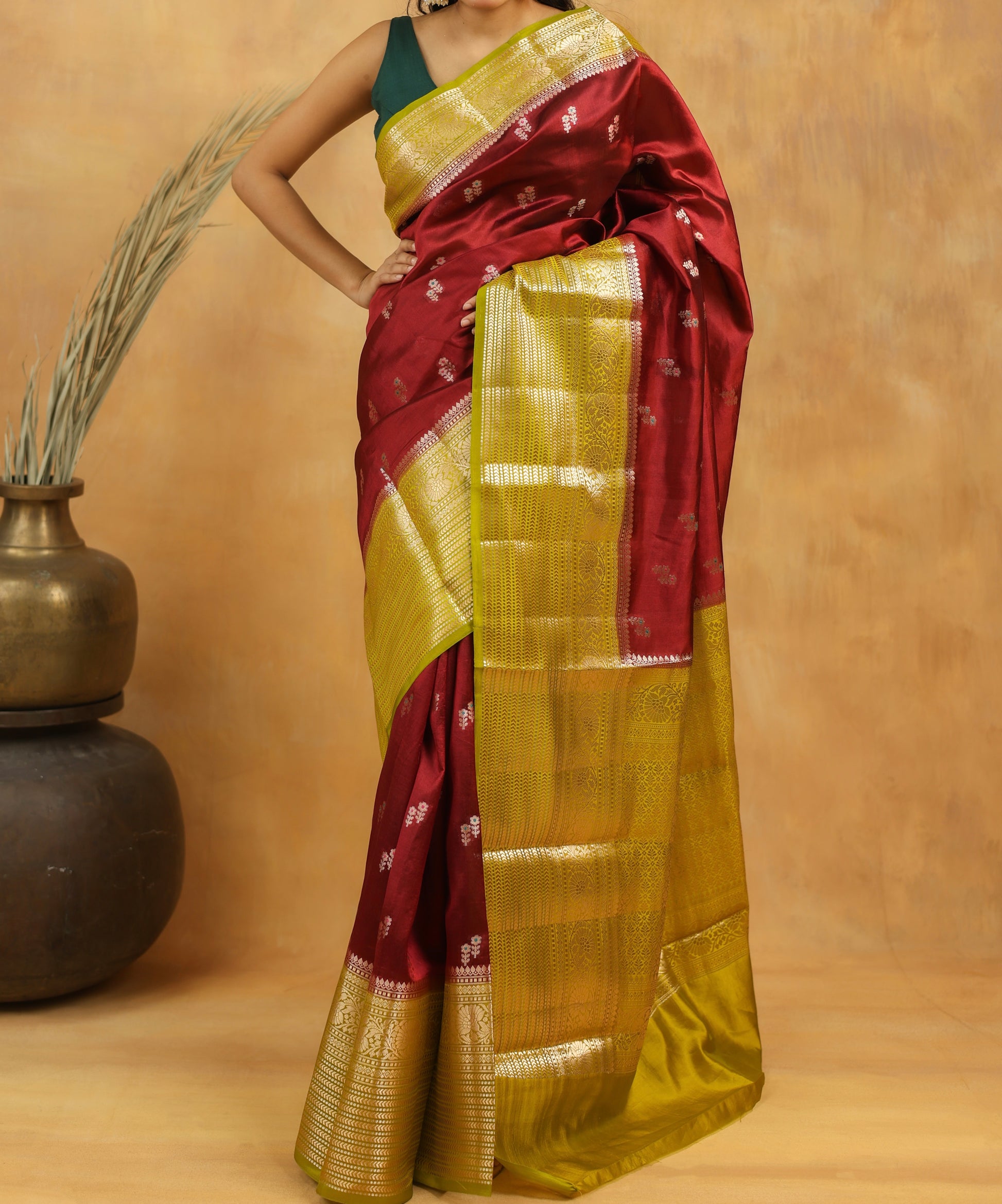 Handwoven Maroon Banarasi Raw Silk Saree with Antique Gold Zari Border
