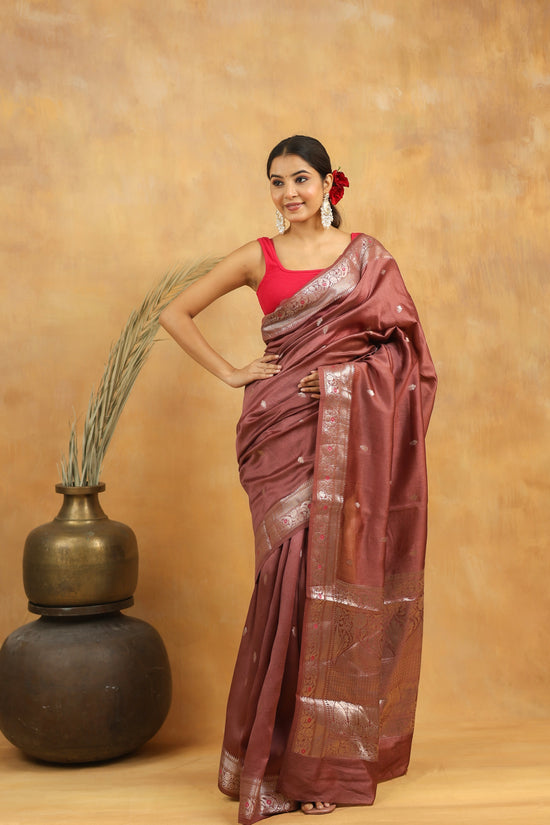Wine Brown Pure Tussar Silk Saree with Silver Zari Border