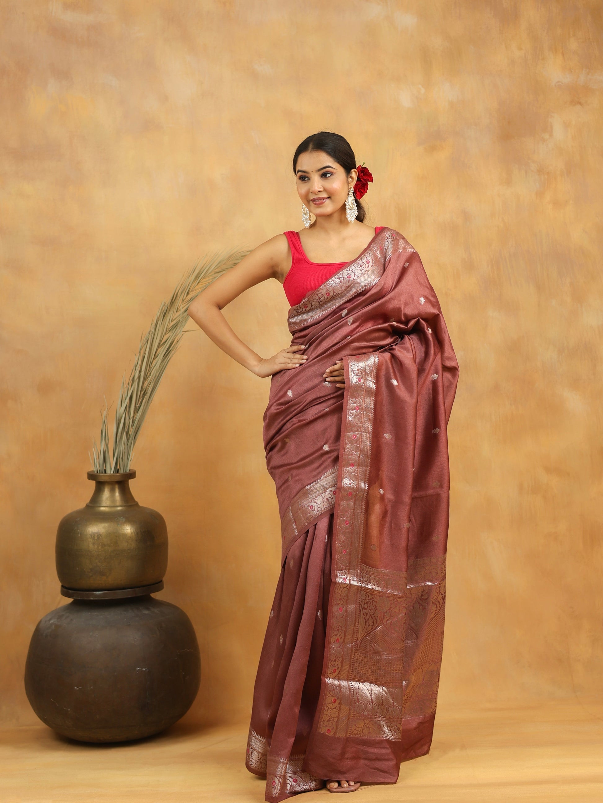 Wine Brown Pure Tussar Silk Saree with Silver Zari Border