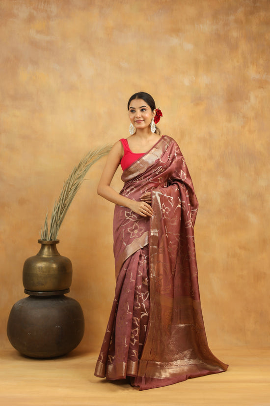 Rust Brown Pure Tussar Silk Saree with Silver Zari Floral Motifs & Border