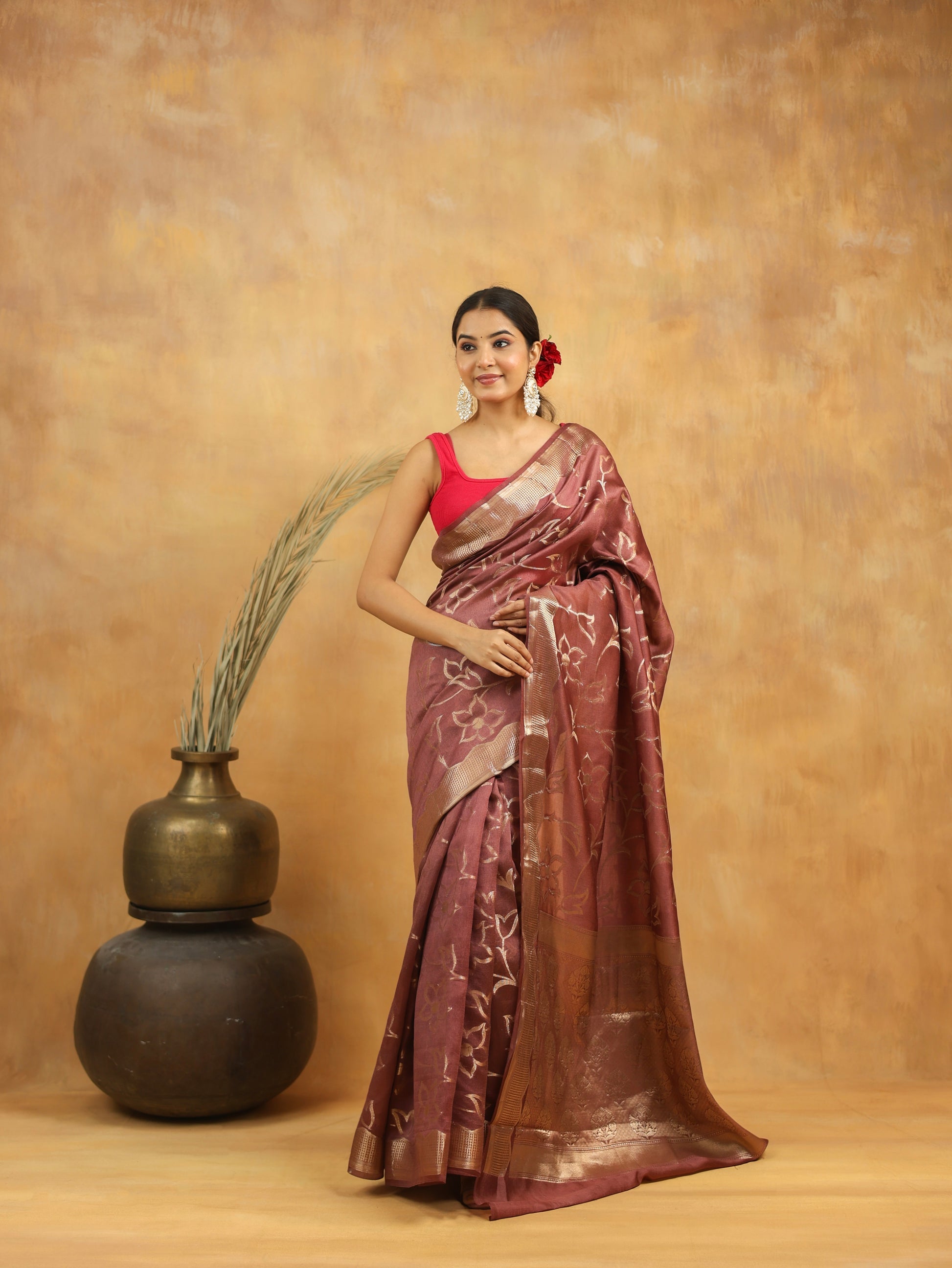 Rust Brown Pure Tussar Silk Saree with Silver Zari Floral Motifs & Border