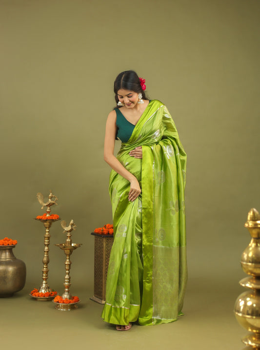 Lime Green Pure Viscose Silk Saree with Subtle Zari Motifs and Border