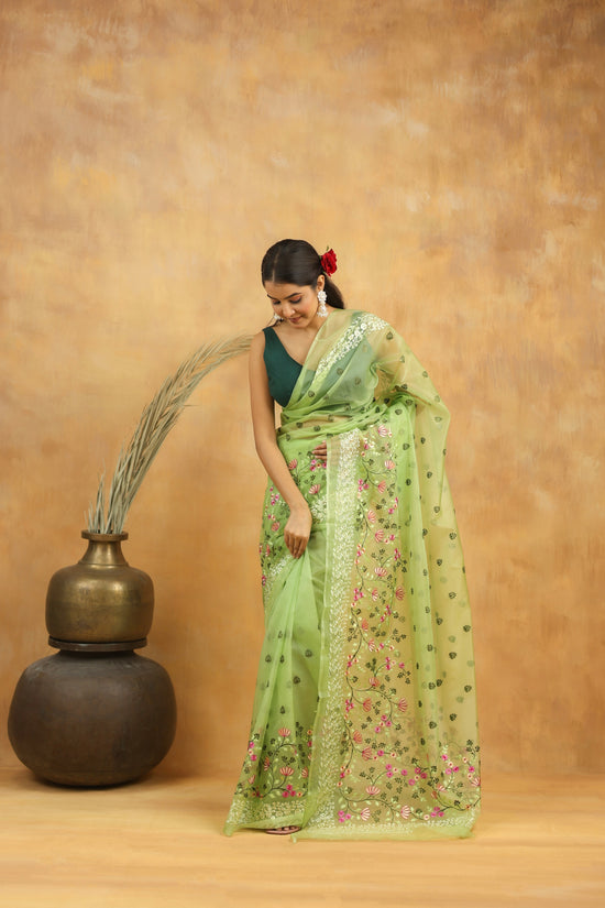 Mint Green Floral Embroidered Organza Saree