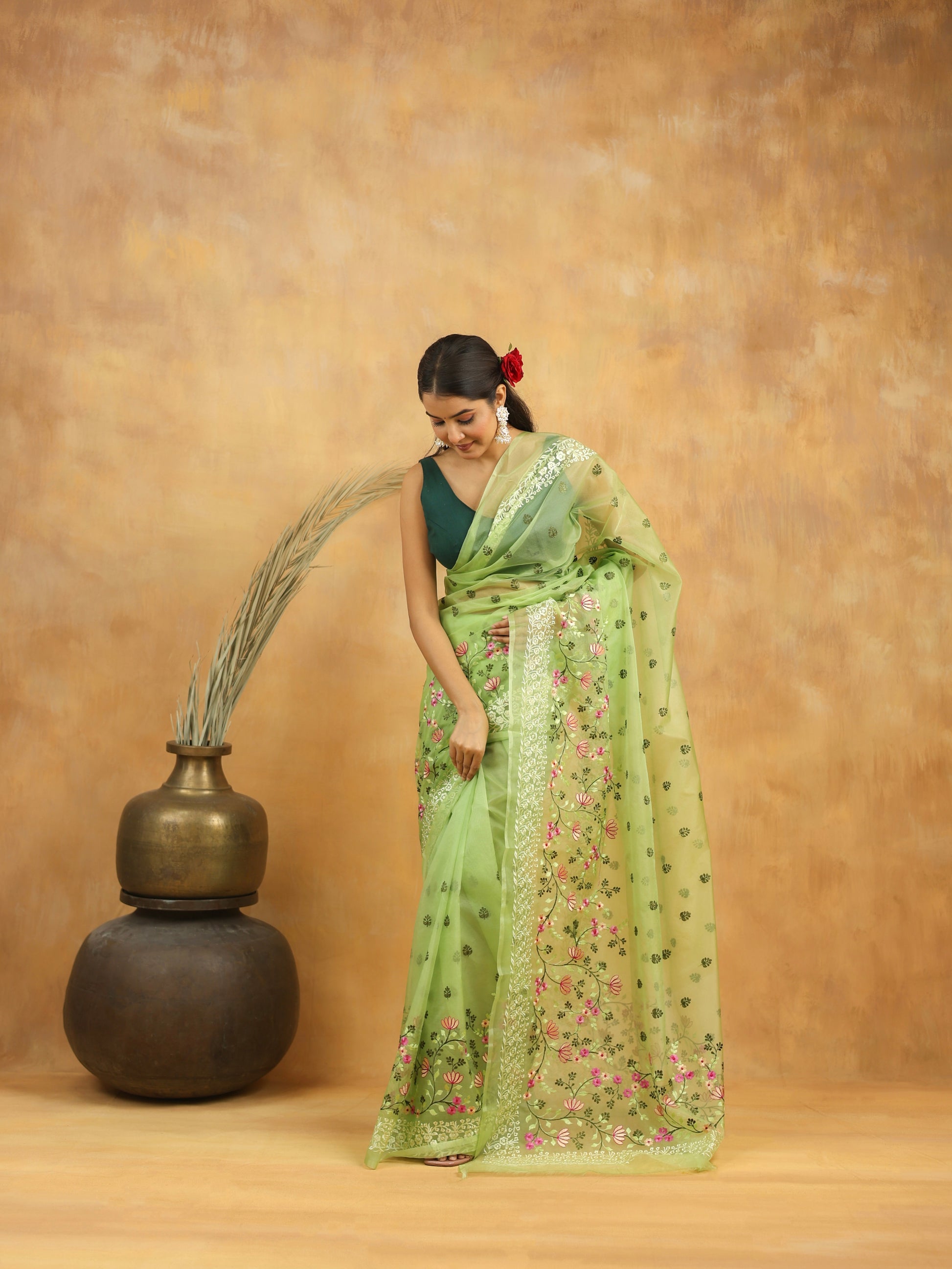 Mint Green Floral Embroidered Organza Saree