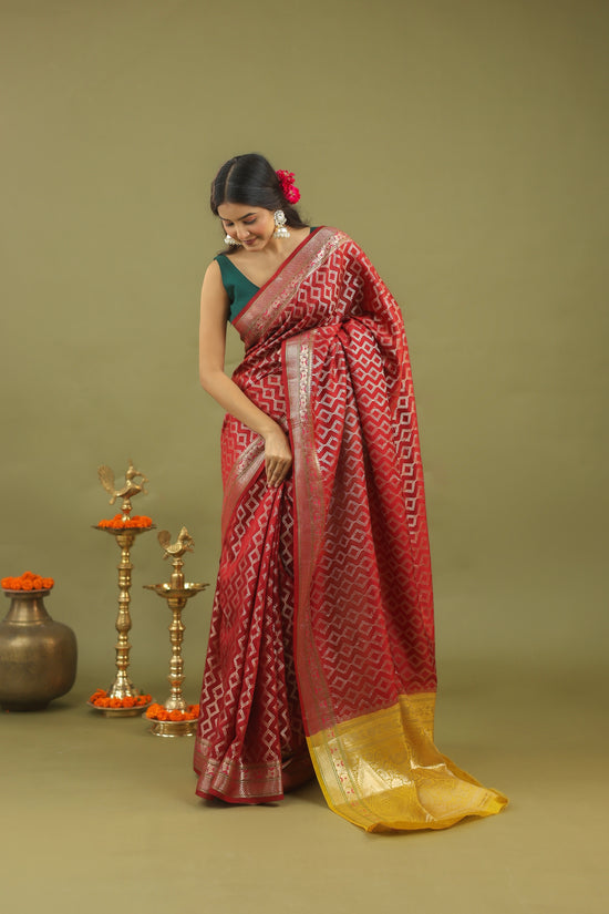 Red-Gold Geometric Pure Tussar Silk Saree with Zari Border