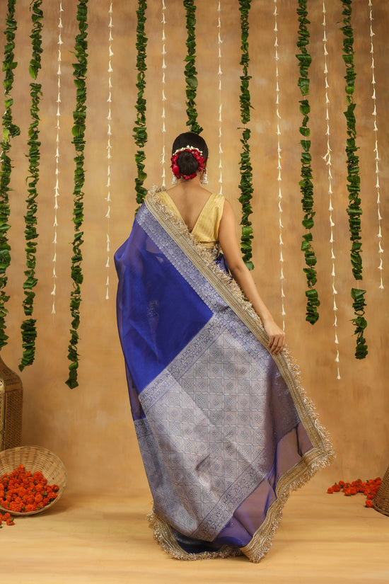Royal Blue Banarasi Tissue Saree with Silver Zari & Gota Patti Work