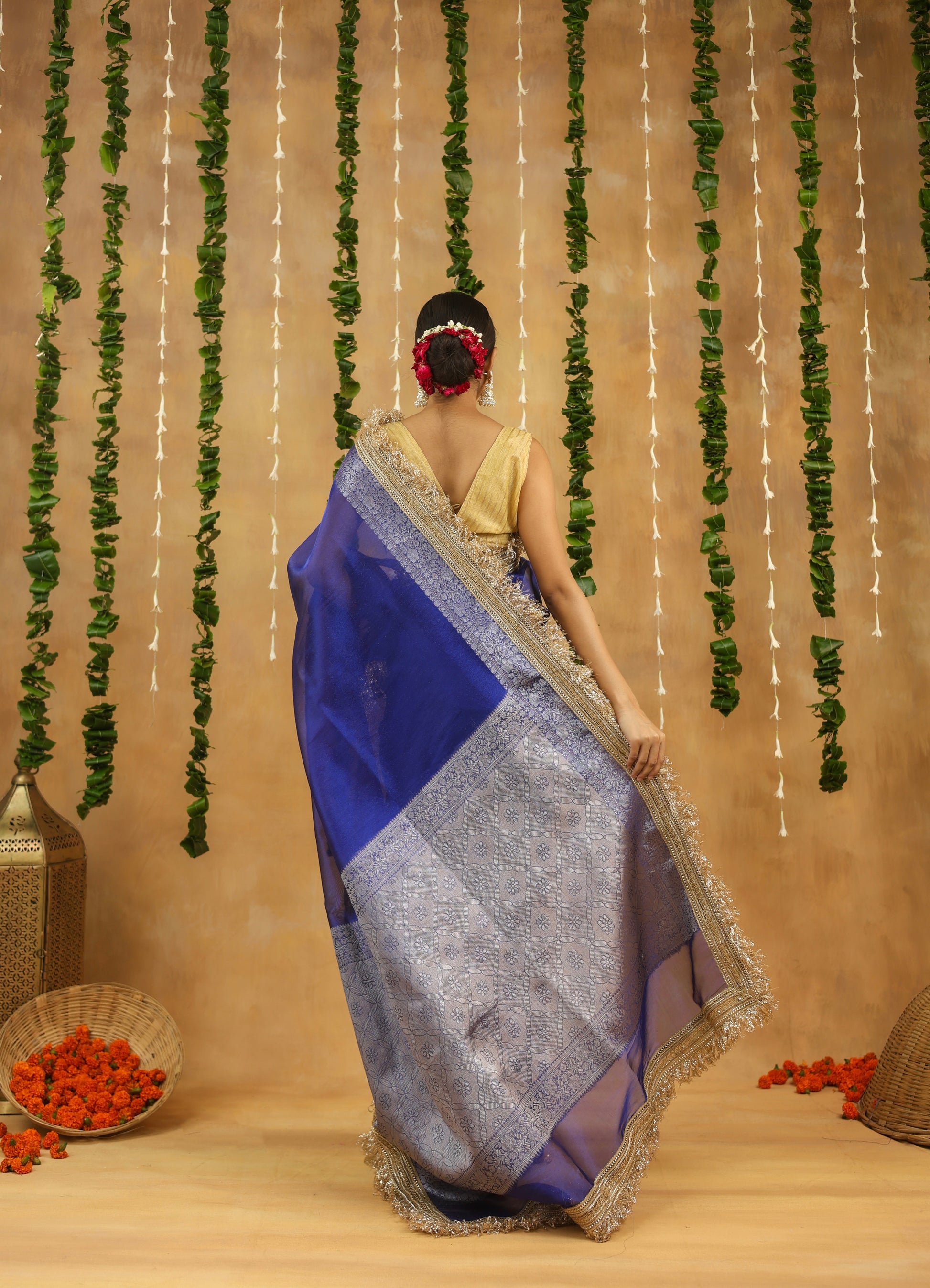 Royal Blue Banarasi Tissue Saree with Silver Zari & Gota Patti Work