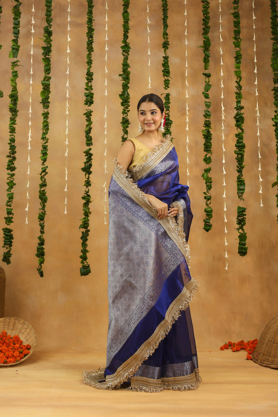 Royal Blue Banarasi Tissue Saree with Silver Zari & Gota Patti Work