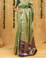 Pastel Green Pure Dupion Silk Saree with Contrasting Silver Zari Border