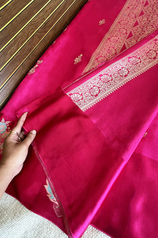 Pure Mashru Border Banarasi Raw Silk Saree- Rani pink