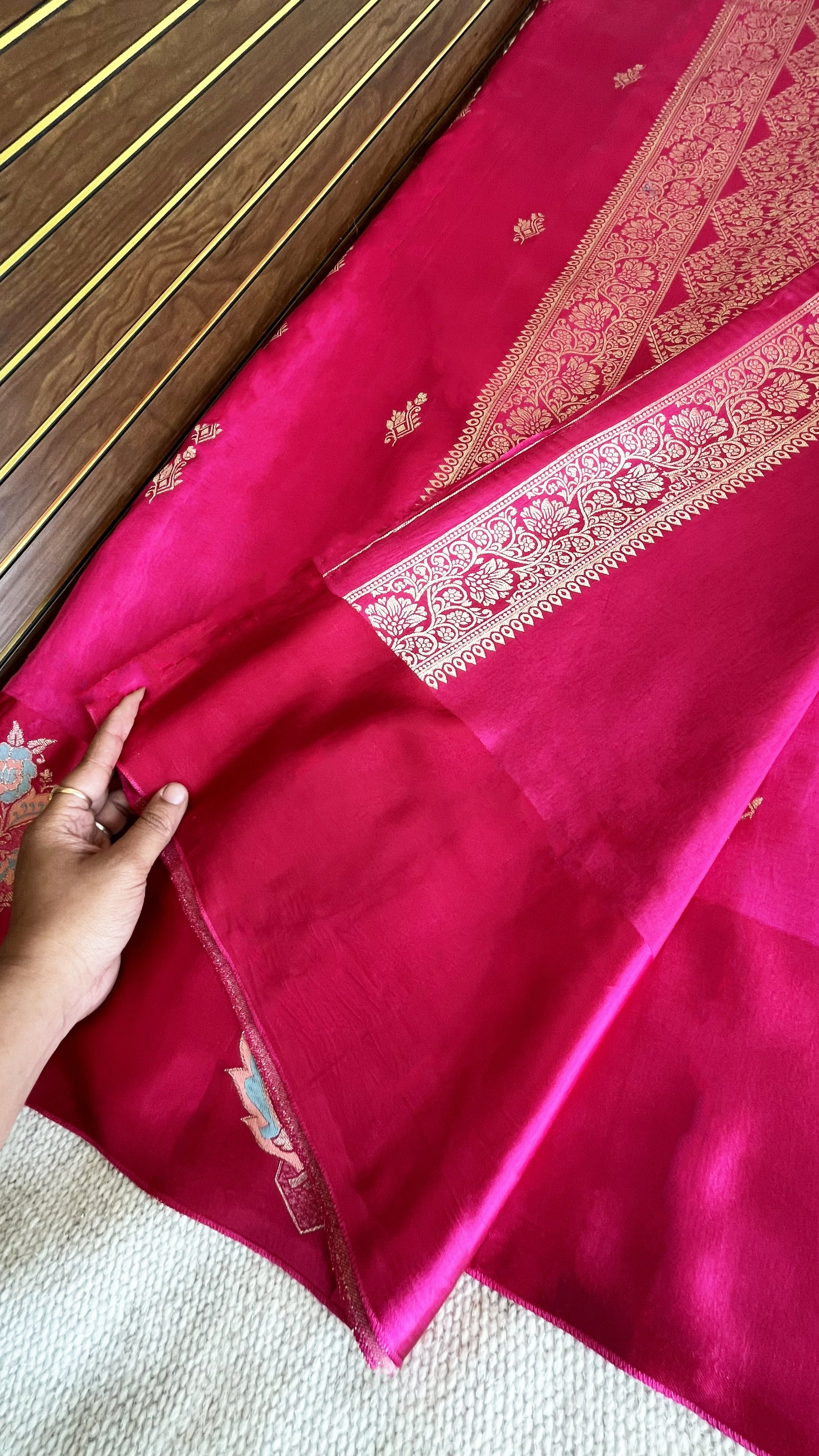 Pure Mashru Border Banarasi Raw Silk Saree- Rani pink