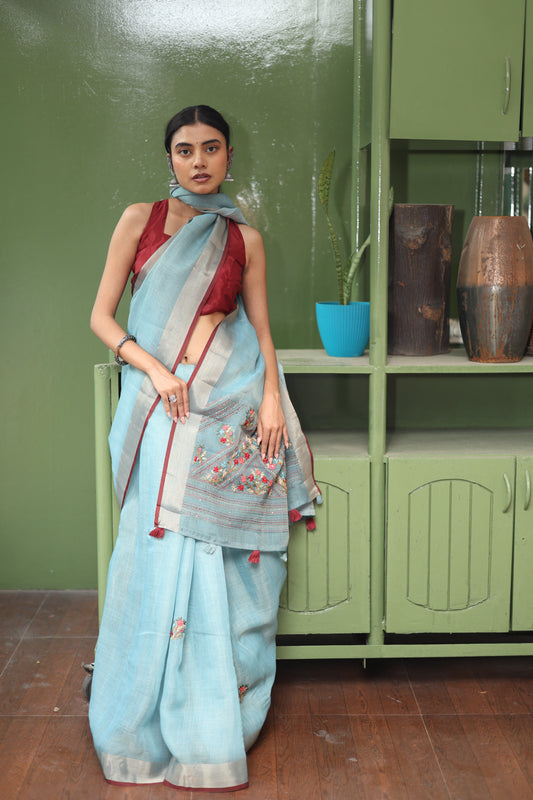 Premium Tissue Linen Sarees with Hand Embroidery- blue