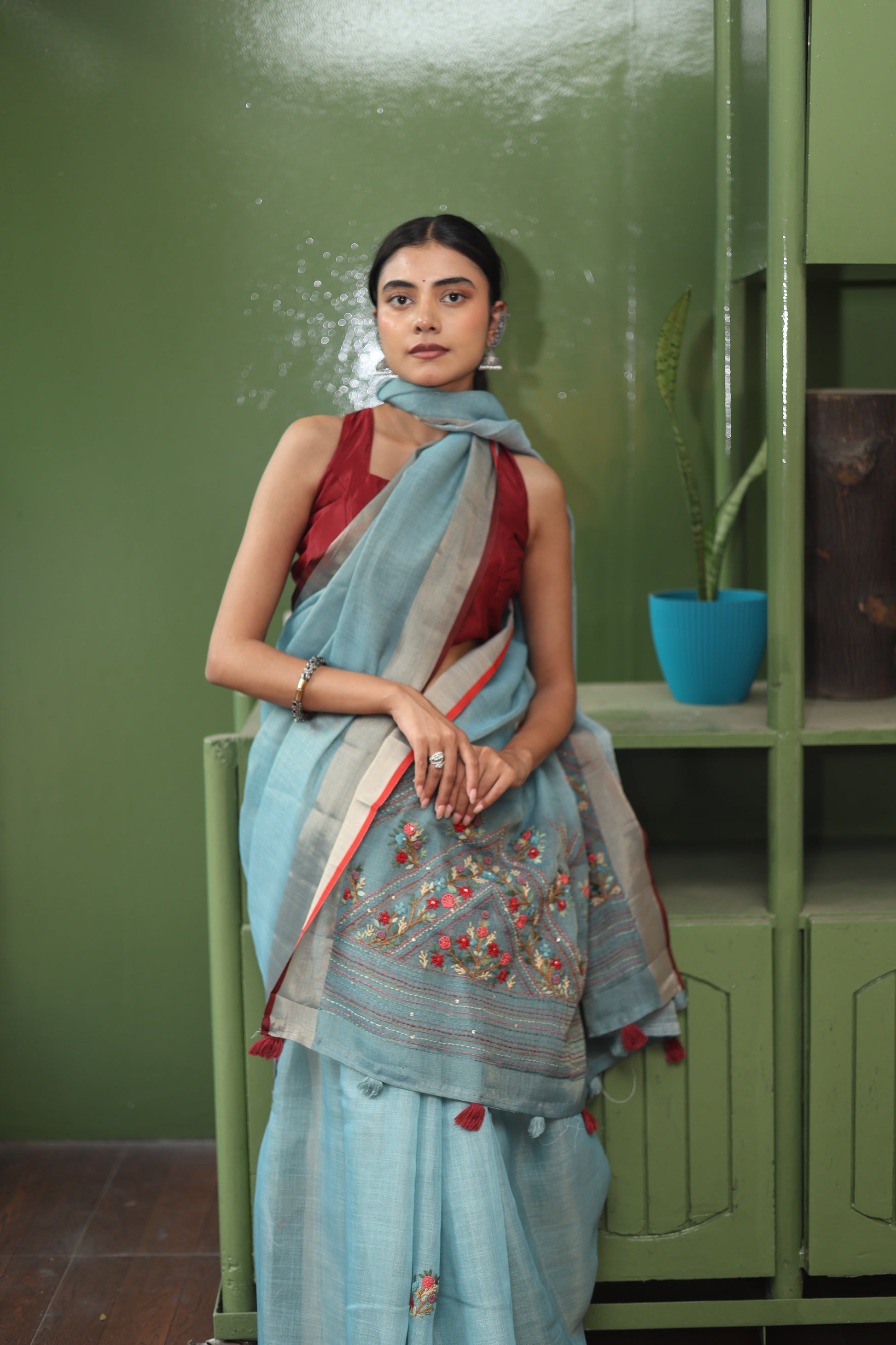 Premium Tissue Linen Sarees with Hand Embroidery- blue