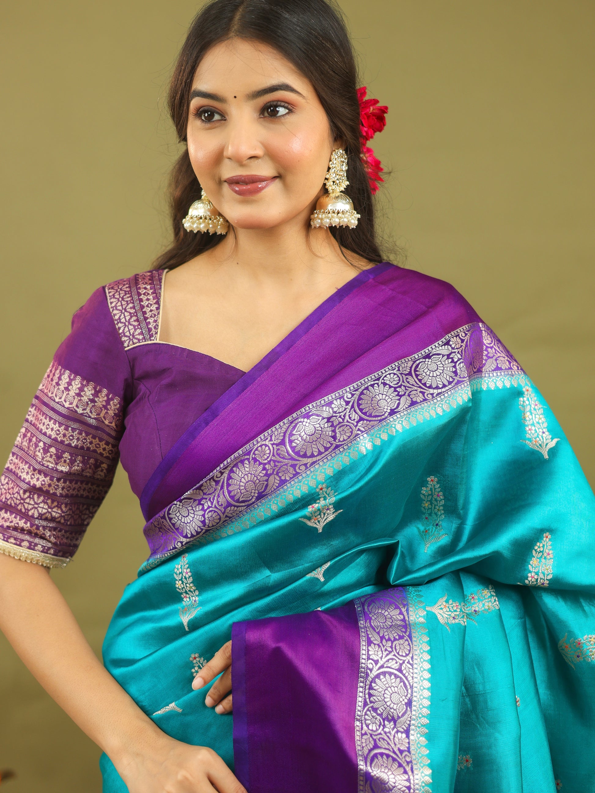 Regal Banarasi Raw Silk Saree in Teal Blue with Royal Purple Border & Silver Zari