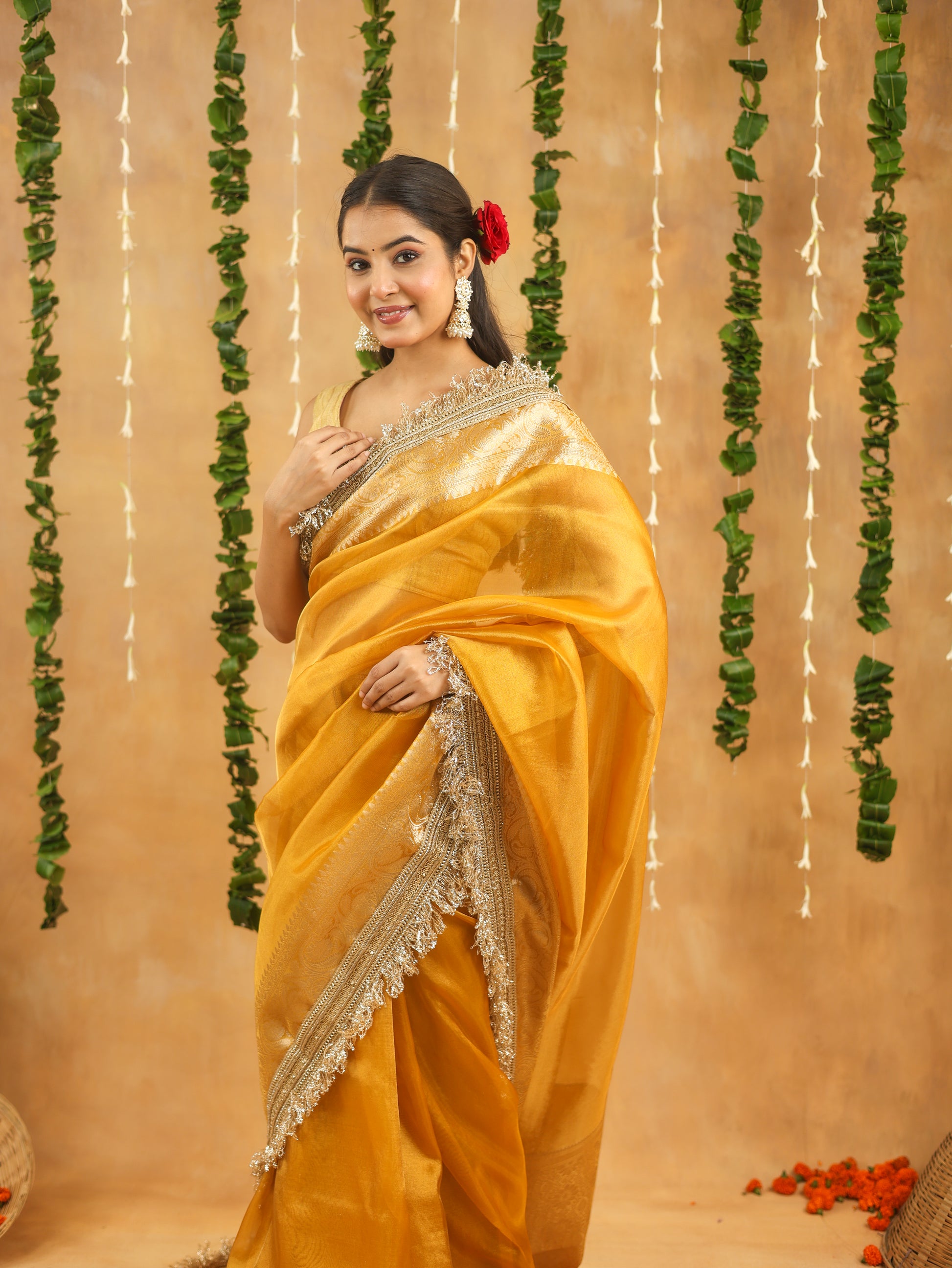 Yellow Banarasi Tissue Silk Saree with Gota Patti Work