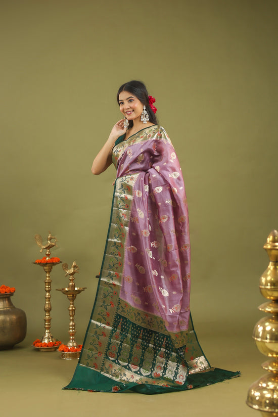 Lavender-Green Banarasi Dupion Silk Saree with Zari & Floral Motifs