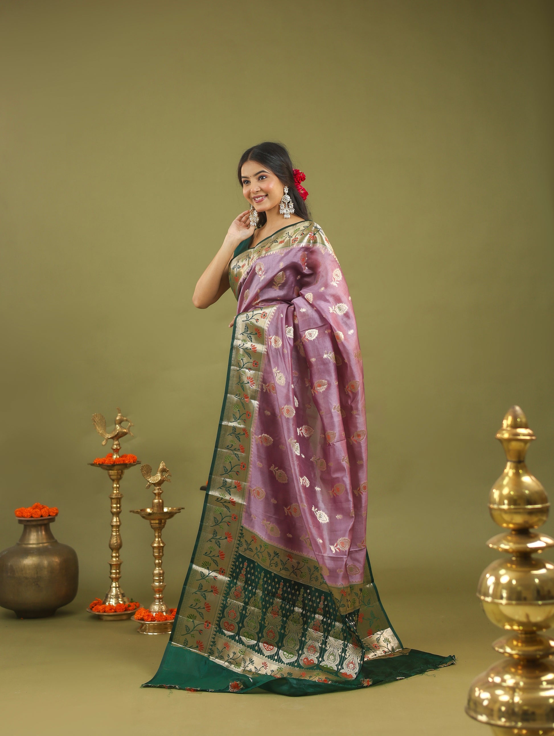 Lavender-Green Banarasi Dupion Silk Saree with Zari & Floral Motifs