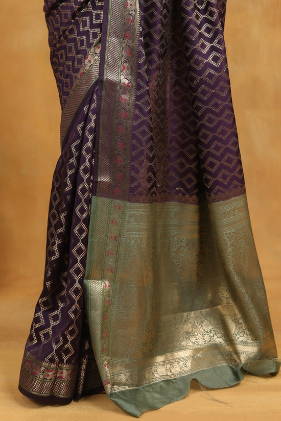 Purple-Green Geometric Pure Tussar Silk Saree with Zari Border