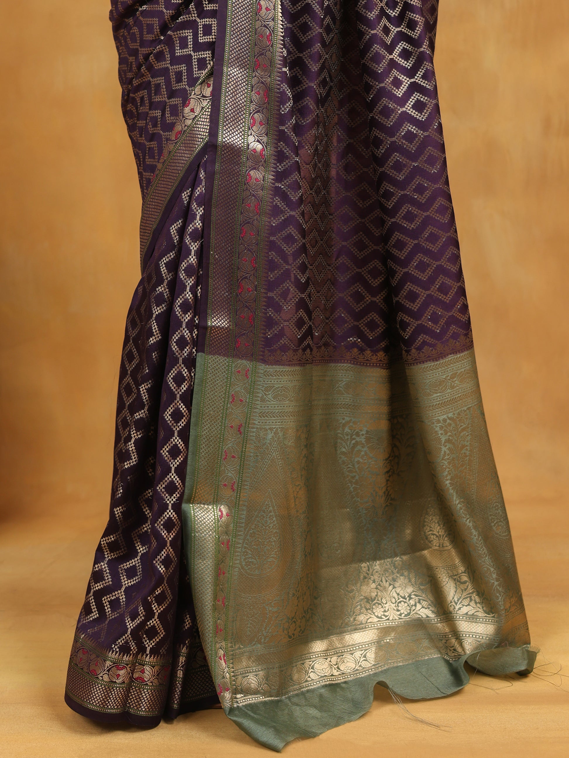 Purple-Green Geometric Pure Tussar Silk Saree with Zari Border