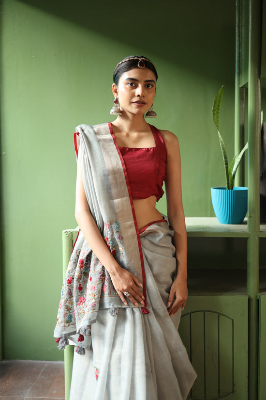 Premium Tissue Linen Saree with Hand Embroidery- grey