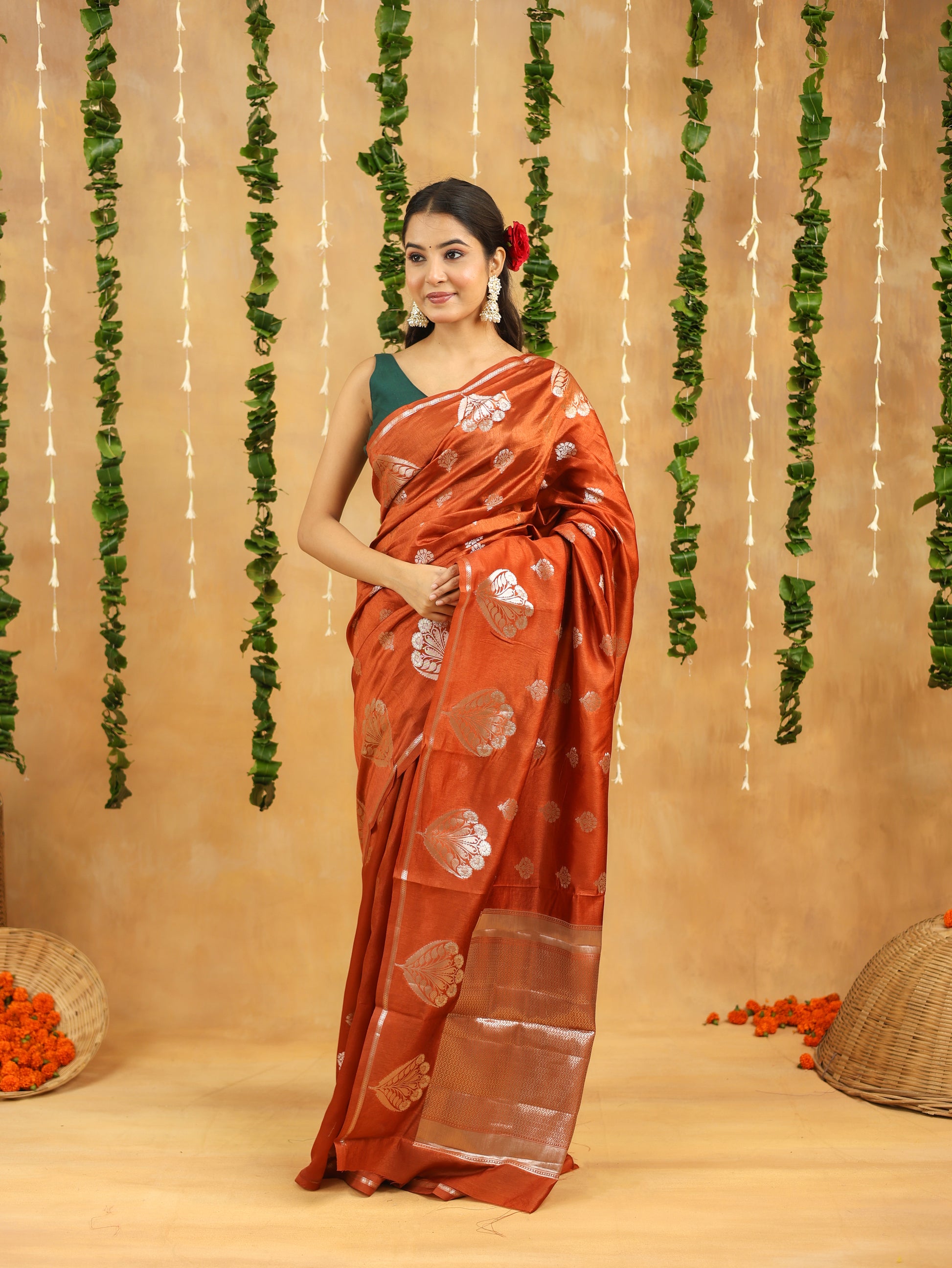 Rust Orange Pure Tussar Silk Saree with Silver Zari Buta & Rich Pallu