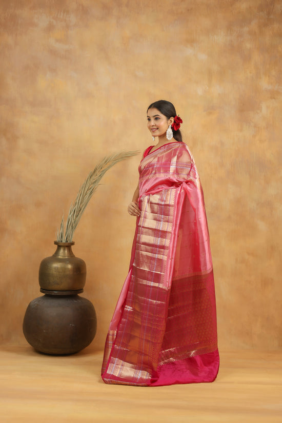 Pure Raw Mango Silk Banarasi Saree in Rose Pink with Gold Zari Border