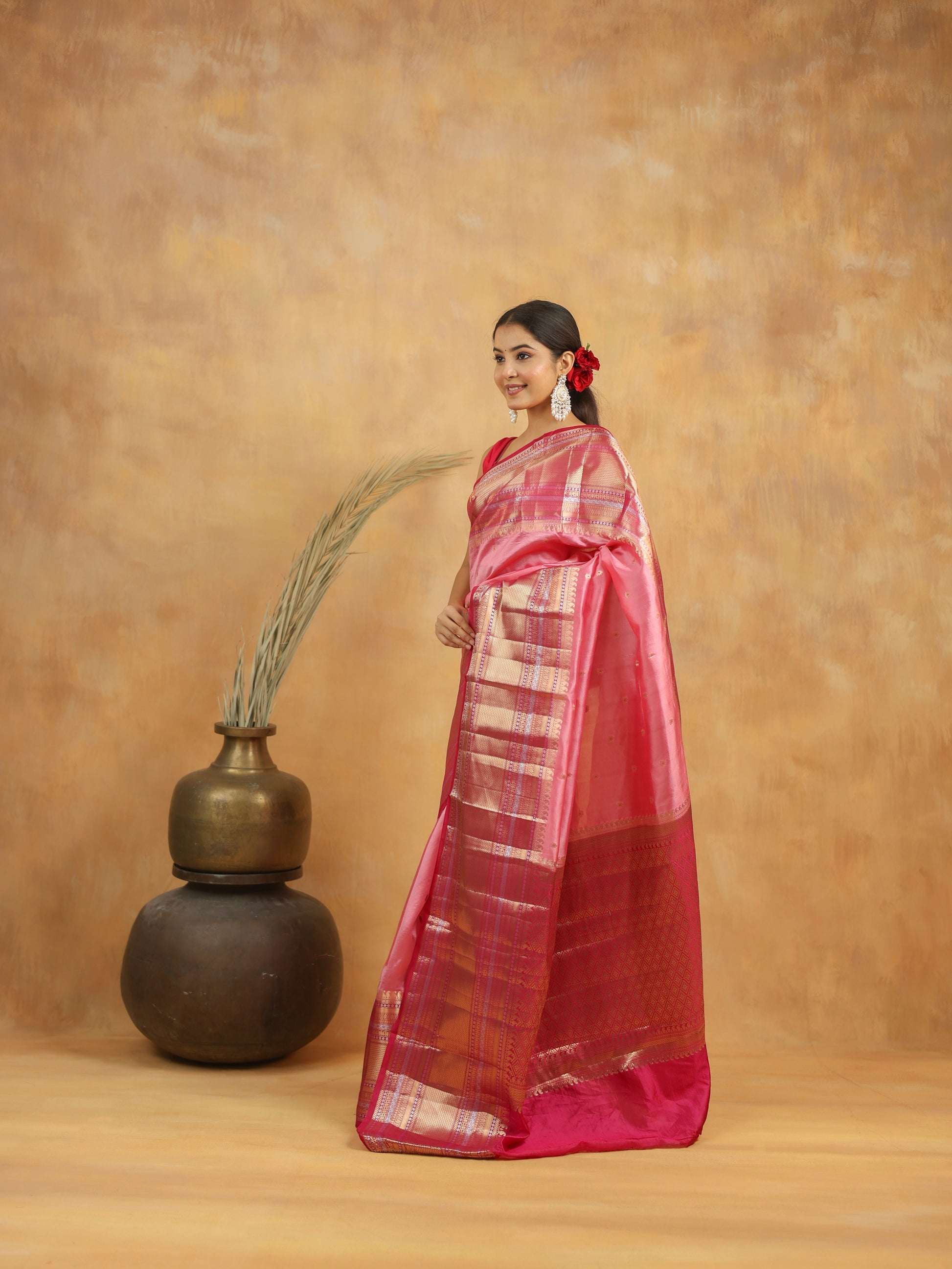 Pure Raw Mango Silk Banarasi Saree in Rose Pink with Gold Zari Border