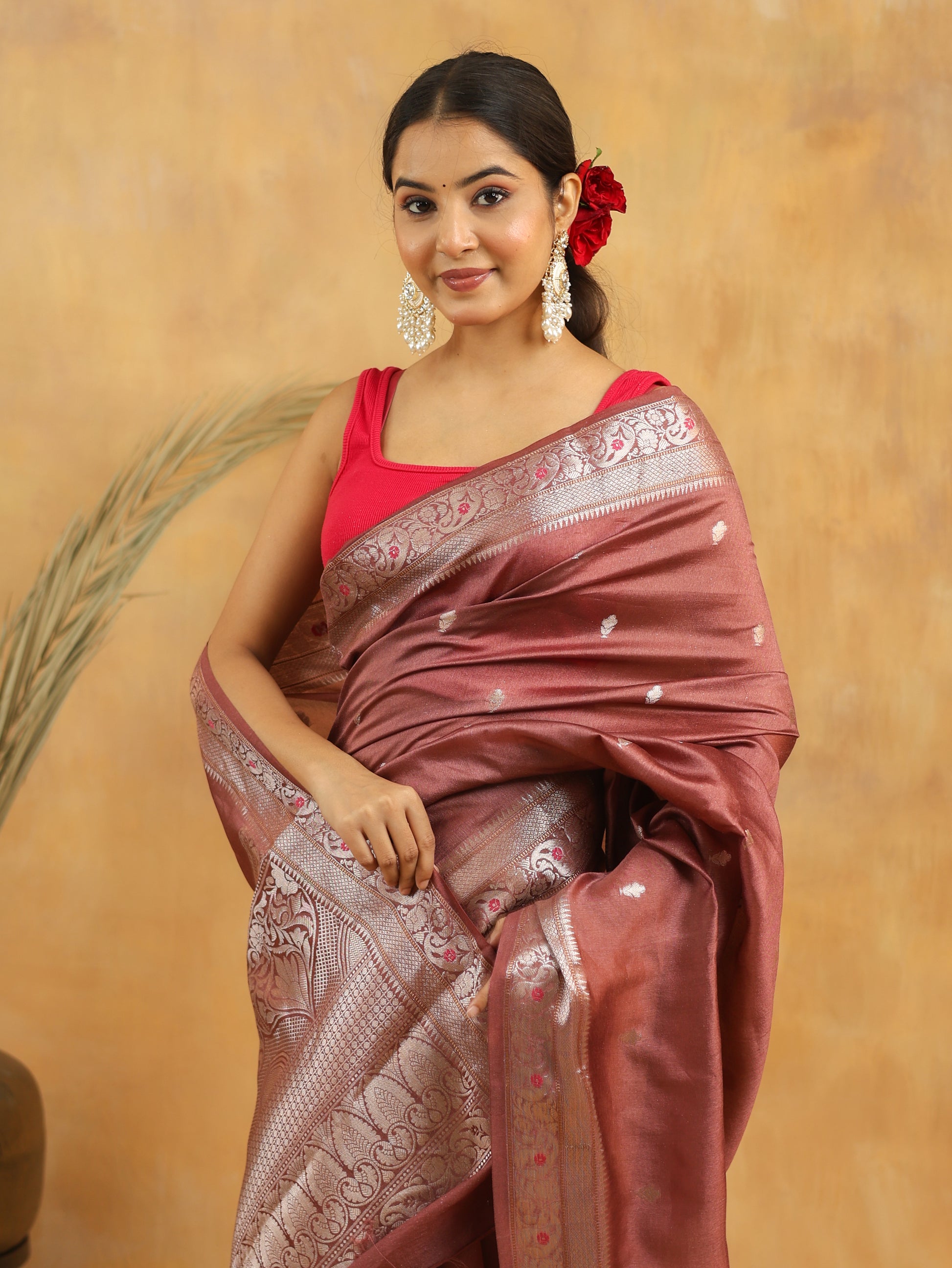 Wine Brown Pure Tussar Silk Saree with Silver Zari Border