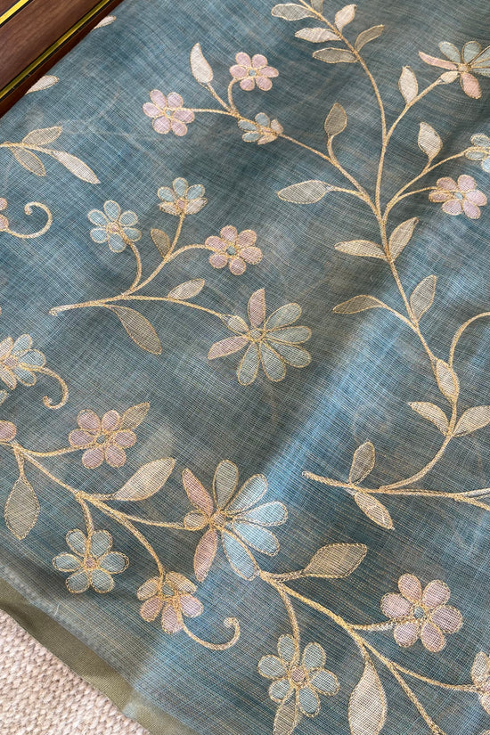 Tissue Linen Saree with Painted Florals & Delicate Aari Work- blue