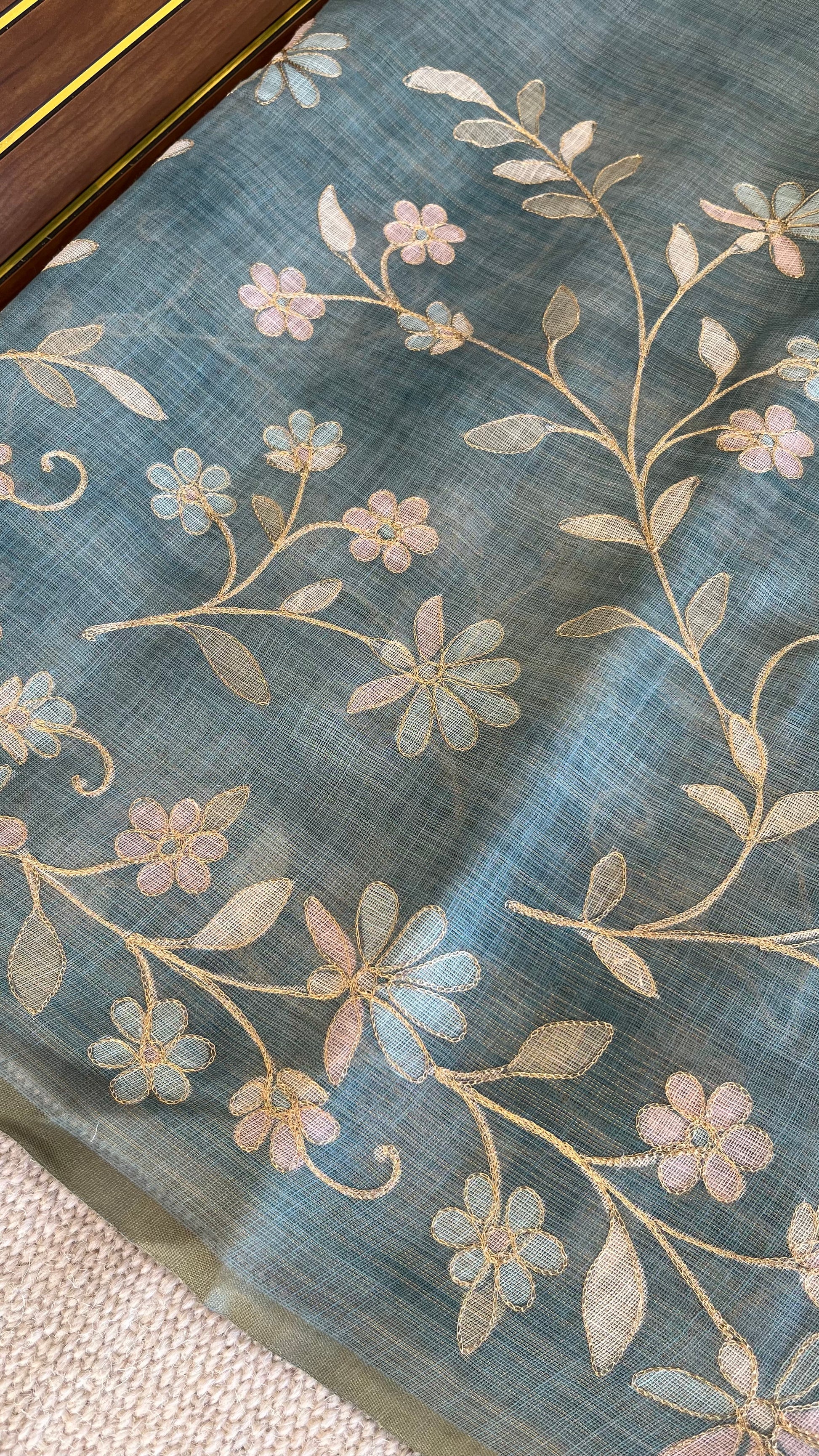 Tissue Linen Saree with Painted Florals & Delicate Aari Work- blue