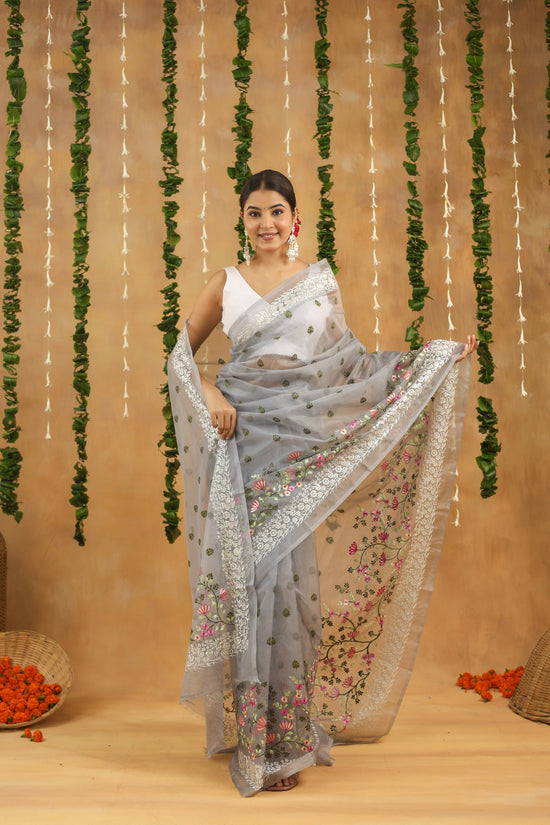 Silver Grey with Multi Color Floral Embroidered Organza Saree