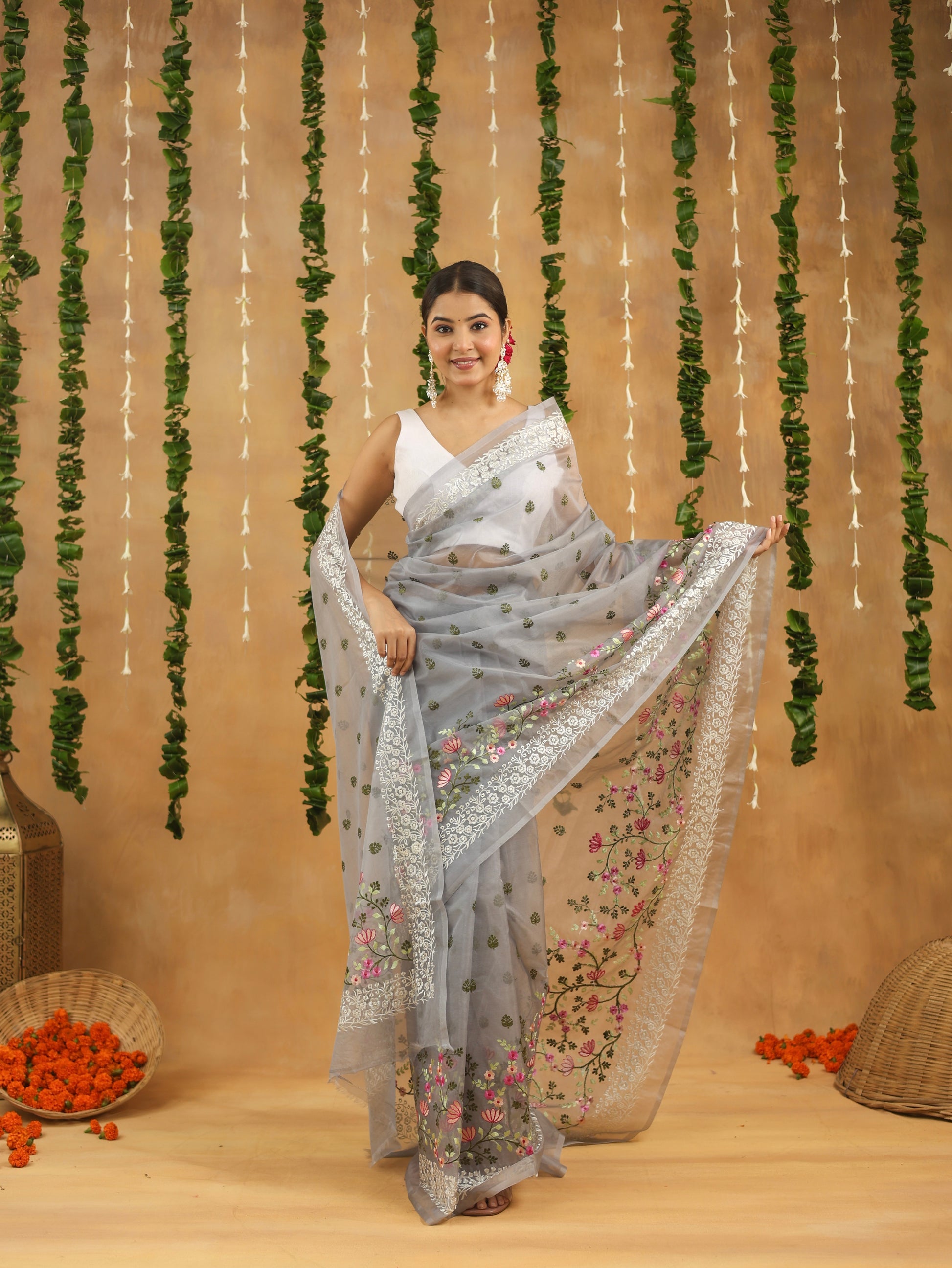 Silver Grey with Multi Color Floral Embroidered Organza Saree