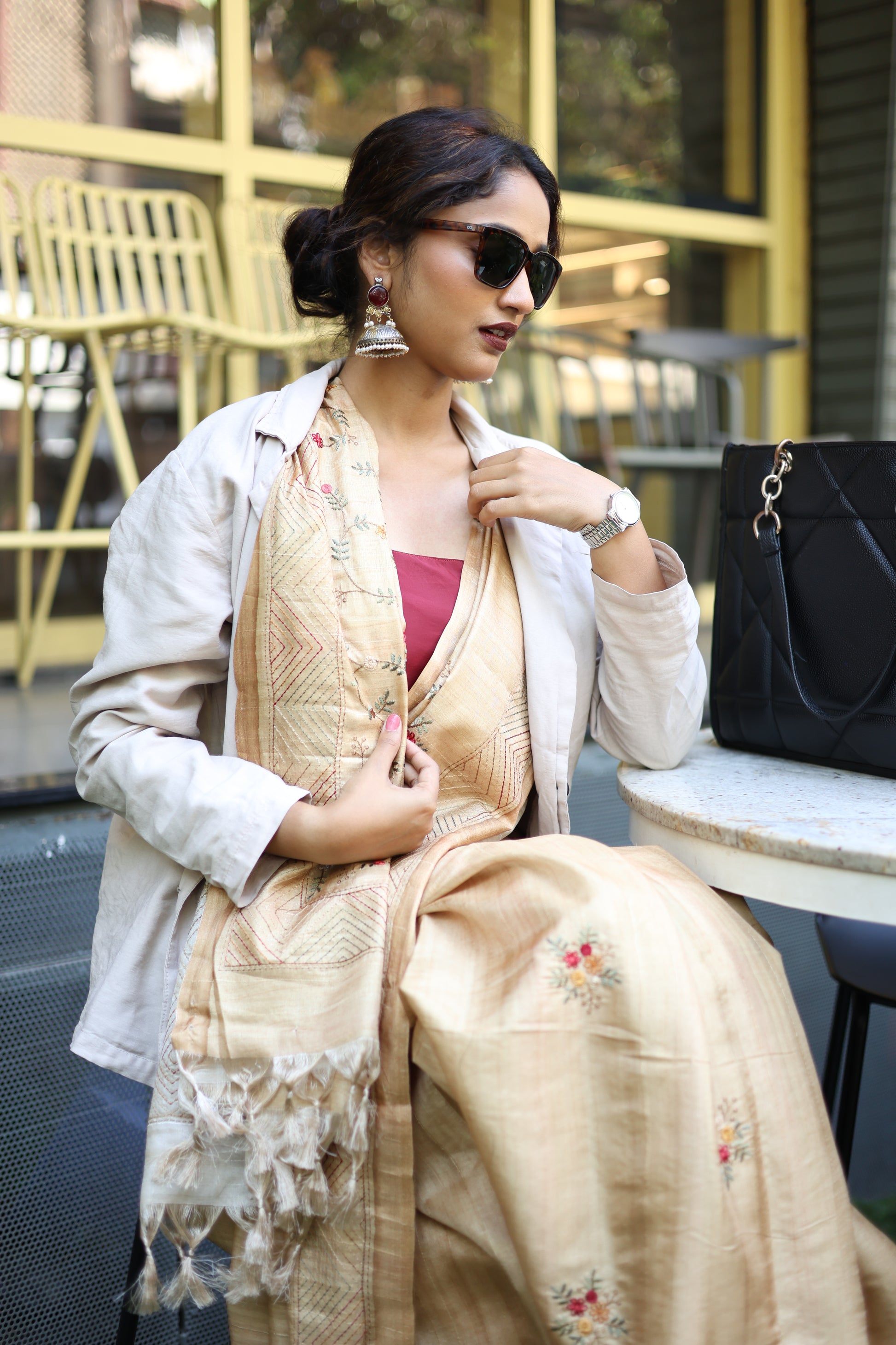 Tussar Saree with Thread Embroidery- Beige