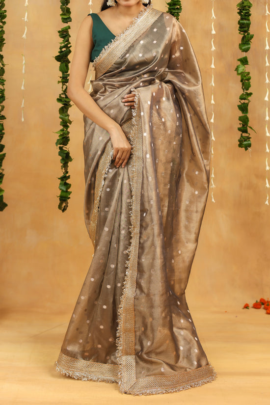 Antique Silver Banarasi Tissue Silk Saree with Polka Motifs