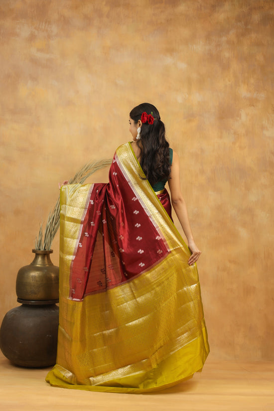 Handwoven Maroon Banarasi Raw Silk Saree with Antique Gold Zari Border